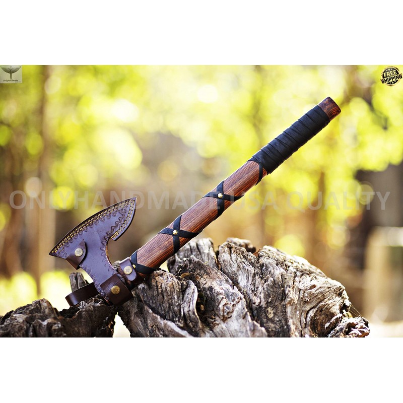 Custom Gift Forged Carbon Steel Viking Axe with Rose Wood