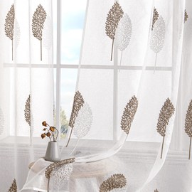 MIULEE Curtains with Ruffle Tape, Curtain Living Room Coffee and White Leaves Pattern, Beautiful Embroidery Curtain, Set of 2, Modern Bedroom Window, H 260 x W 140 cm