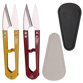 2Pcs Multicolor Mini Sewing Scissors Clipper 2Pcs Leather Scissors Sheath Cover Small Embroidery Thread Thrum Yarn Trimming Nipper U-Shaded Craft Cross Stitch Scissors (Red/Yellow)