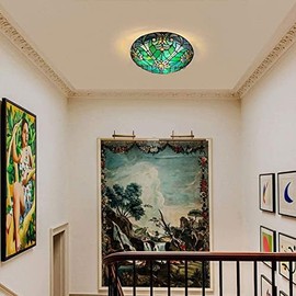 ARTZONE Tiffany Ceiling Lights, Stained Glass Ceiling Light 3-Lights 16 Inch Green Victoria Tiffany Flush Mount Ceiling Light Fixture for Bedroom Dining Living Room Entryway Foyer