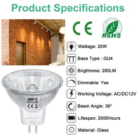 MR11 Light Bulbs, 12V 20W Halogen Light Bulbs 2 Pin, FTD Spotlight Bulb, GU4 Bi-Pin Base, Dimmable, 2700K Warm White, 2 Prong Light Bulb for Landscape, Accent, Track Lights, and Fiber Optics, 6Pcs