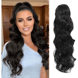 Ms Taj Ponytail Extensions, 66 cm with Drawstring, Black Curly Wavy Clip-In Ponytail Hair Extensions, Layered Synthetic Hairpiece for Women