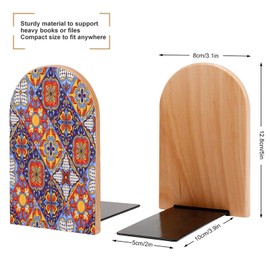 DEHOZO 2 Pack Wood Bookends, Mexican Talavera Tile Mandala Non-Skid Book Ends for Heave Books, Decorative Bookends for Shelves Desk, Book Stoppers Book Holders for Home Office Library School