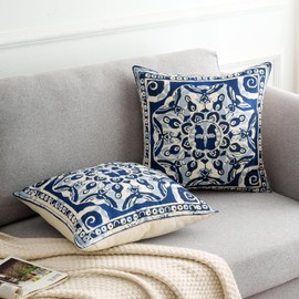 Cushion Cover 45 x 45 cm, Set of 2 Boho Retro Datura Flower Pattern Geometric Blue Beige Sofa Cushion Decorative Cushion Covers Linen Cushion Cover for Sofa Couch Bed Garden Outdoor Home Decor