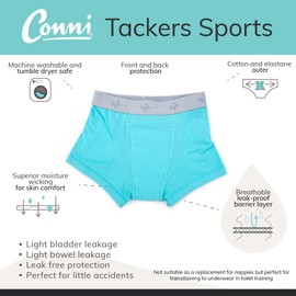 Conni Kids Tackers Sport Washable Pull Up Boxer Pants for Potty Training and Youth Incontinence, Aqua, size 12-14