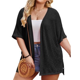 IN'VOLAND Plus Size Black Cardigan for Women Open Front Light Weight Summer Beach Coverup 3/4 Sleeve Loose Fit 16