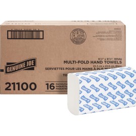 Genuine Joe Multifold Hand Towels, 9.5" x 9.10", 1-Ply, White, 250/Pack, 16 Count