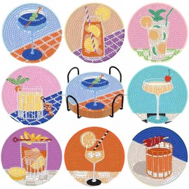 8Pcs Cocktail Diamond Painting Coasters with Holder, DIY Cocktail Diamond Art Coasters for Adults Kids Beginners, Round Full Drill Crafts for Tabletop Protection and Gifts