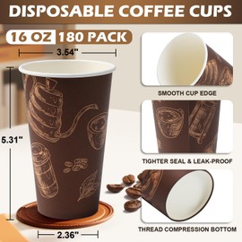 Huifany Paper Cups 16 oz 180 Pack, Disposable Coffee Cups, Dispoable Paper Drinking Cup for Coffee, Hot Cups for Party, Picnic, Travel, and Events