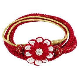 Kyoto Kimono Yuzen, Obi Fastening, Braid, Floral Decoration, Pearl, Red, Coming-of-Age Ceremony, Kimono, Hand-assembled Pure Silk, red