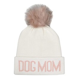 Hatphile Dog Mom Dog Lover Stretchy Faux Fur Pompom Knit Beanie Skully Toque (White Hat Pink Dog Mom Pink Pompom)