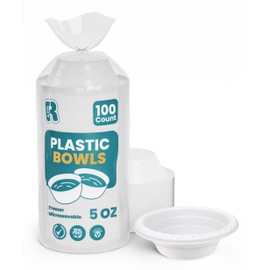 R-kay Plastic Bowls - 100 Count Microwavable Disposable Bowls - Strong Heavy Duty And Sturdy White Plastic Bowls Disposable (5 OZ, 100)