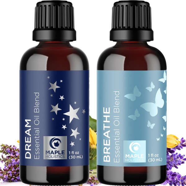 Aromatherapy Essential Oil Blends for Diffusers - Diffuser Essential Oil Set with Dream Essential Oil Blend and Breathe Essential Oil Blend - 100% Pure Must Have Aromatherapy Oils - 1 Fl Oz Each