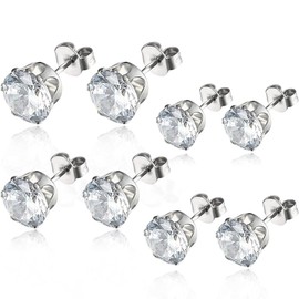MWUMRCM Stainless Steel Stud Earrings Set for Men and Women, 4 Pairs Small Stud Earrings, Round Flower Ball and Square Stud Earrings with Zirconia Diamond, Stainless Steel Stud Earrings Hypoallergenic