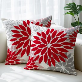 JANGYUHH Cushion Cover 40 x 40 cm Modern Dahlia Decorative Cushion Double-Sided Pattern Red Grey Flowers Sofa Cushion Outdoor Cushion Linen Cushion Covers Decorative for Sofa Garden Living Room Bed