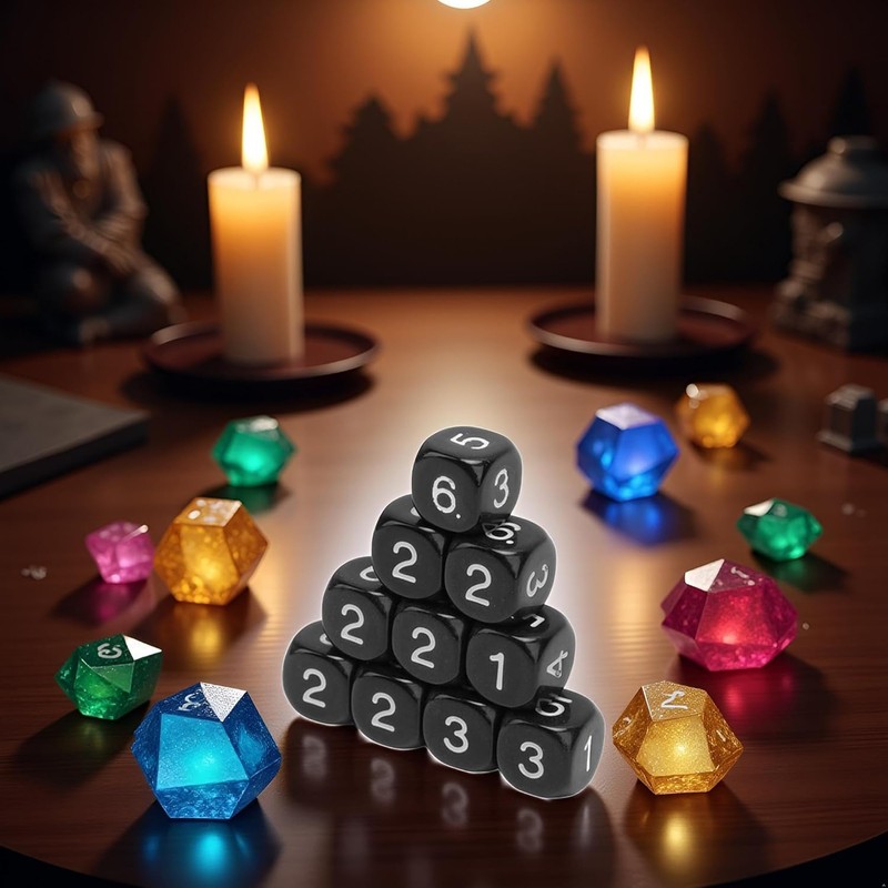 20Pcs Black 6 Sided Number Dice, Round Corner Polyhedral, Polyhedral