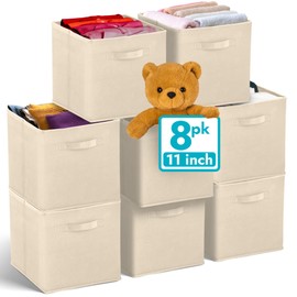 Reli. 11 Inch Cube Storage Bins (8 Pack) | Cube Organizer Bins | 11x11 Fabric Storage Boxes | Collapsible, Foldable Fabric Cubby Box (Square) | Kids Room Organization (Beige)
