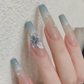 24Pcs Fake Nails Press on Nails Long Square Coffin French Tip with Nude Blue Flowers Design Acrylic False Nails Thick Glossy Full Cover Glue on Nails Stick on Nails for Women Z930