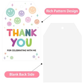 Anwyll Smiley Face Thank You Gift Tags,50Pcs Happy Face Thank You Party Favor Tags with String,Thank-s You for Celebrating with Us Labels,Baby Shower Birthday Party Wedding Thanks Gift Labels Favors