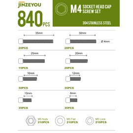 840 Pcs M4 Nuts and Bolts Hex Socket Head Cap Screws and Nuts Set, Stainless Steel Machine Screws Bolts Set, Assorted and with Lock & Flat Washers Assortment for DIY (840, M4)