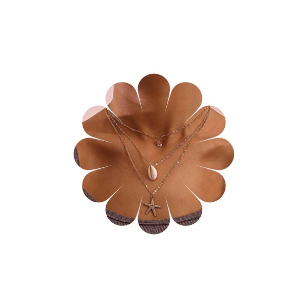 Inateannal Boho Starfish Shell Pendant Necklace Gold Layered Chain Necklace