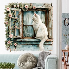 RAINBOW WSK Flower Fake Window Wall Sticker Cute Cat Floral Wall Decals Peel and Stick Vintage Peony Rose Faux Window Decor Kawaii Kitten Decal for Kids Girls Room Bedroom Living Room ZDB31