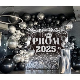 Black Silver Prom Graduation Backdrop Black Silver Glitter Ballon Congrats Grad Party Background Prom Party Decorations Banner Photo Props (7x5FT（210x150cm）)