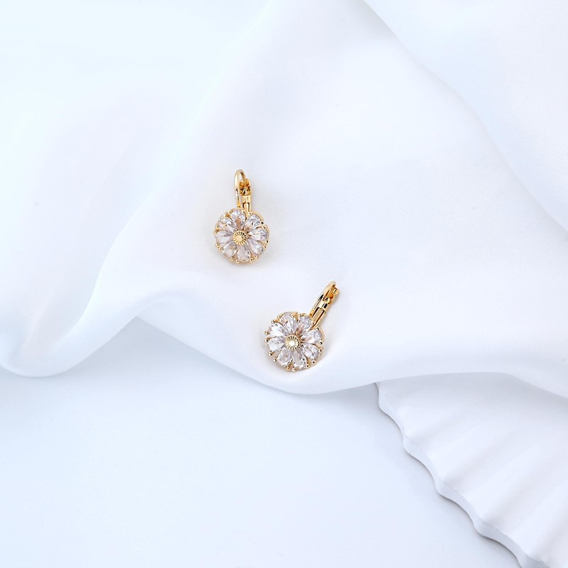 Gold Flower Earrings December Birthstone Leverback Earrings Hypoallergenic Cubic Zirconia
