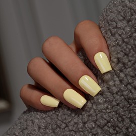 KQueenest Light Yellow Press On Nails Medium Square - Acrylic Press On Nails Short Coffin, Sheer Pastel Yellow Fake Nails with Glue, Glossy Opaque, Reusable Soft Gel Glue on Nails for Women, 28 Pcs