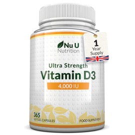 Nu U Nutrition Vitamin D3 4000 IU - 365 Ultra Strength Softgel Capsules not Tablets - 1 Year Supply - Easy to Swallow - Quadruple Strength - Vitamin D Supplement - Made in The UK - Nu U Nutrition
