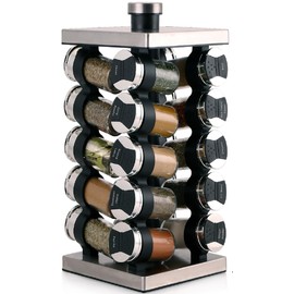Orii 20 Jar Spice Rack with Spices Included - Tower Organizer for Kitchen Spices and Seasonings, (Silver Black)