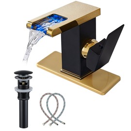 Bathroom Faucet Single Hole Handle LED Waterfall Open Spout Black&Golden Modern Brass Sink Vanity Faucets 3 Hole 4 Inch Basin Lavatory with Pop Up Drain Stopper Overflow Deck Mount Plate