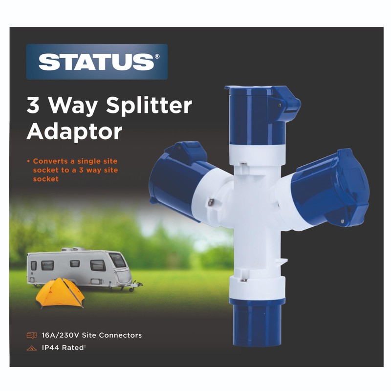 Status 3 Way Splitter Adaptor, 16amp, IP44 Weatherproof – Converts