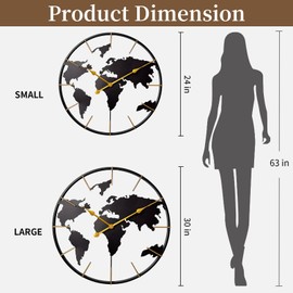 KEQAM Large World Map Wall Clock,Metal Minimalist Modern Clock,Round Silent Non-Ticking Battery Operated Wall Clocks for Living Room/Home/Kitchen/Bedroom/Office/Farmhouse Decor (24 Inch)