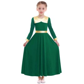 ZX Girl's Praise Dance Metallic Gold Liturgical Worship Church Full Length Swing Costume Skirt Robe Outfit, 06 Green, Tag 140