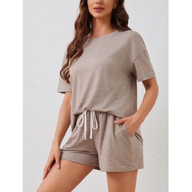 LOCUBE Women's Pajama Set Short Sleeve Top and Drawstring Shorts with Pockets, Soft Stretchy Comfy Loungewear Sleepwear (Camel, Medium)