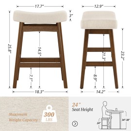 Bar Stools Set of 3, Barstools with Sturdy Wood Legs, Saddle Seat Counter Height Bar Stools for Kitchen Counter, Bar, Dining, 24 Inch Farmhouse Counter Stools, Linen Fabric