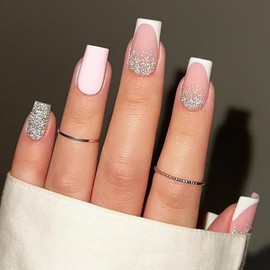 MERVF Long Square Press on Nails Fake Nails White French Tip Glue on Nails Glitter Sliver Design Press ons Winter Acrylic Nails New Year Squoval False Nails Glossy 24pcs