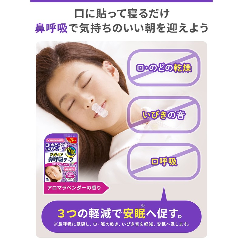 【まとめ買い】ナイトミン 鼻呼吸テープ 口・のどの乾燥・いびきの音を軽減 口呼吸予防に アロマラベンダーの香り 21枚入×4個
