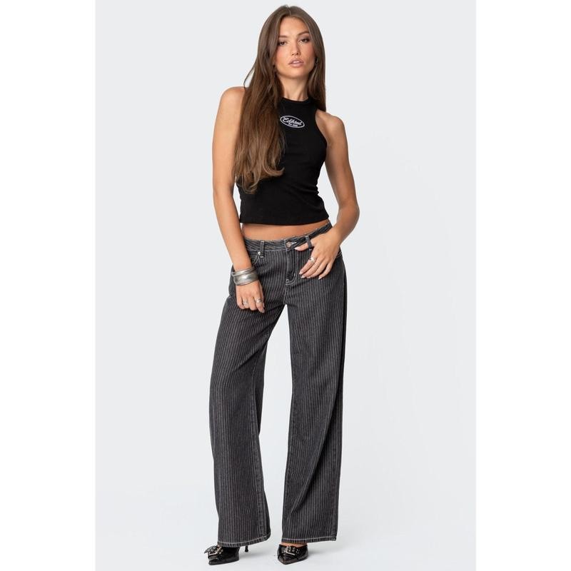 Pinstripe Low Rise Jeans - Color: BLACK, Size: M
