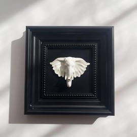 Elegant Black Framed Elephant Head Wall Art — 3D White Plaster Sculpture in Classic Matte Black Frame, Small Decorative Accent for Living Room, Office, Shelf & Entryway (8.7" x 8.7")