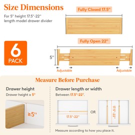Lifewit 6 Pack 5" Deep Bamboo Drawer Dividers, 17.5-22" Expandable Drawer Organizers for Clothes, Adjustable Dresser Drawer Divider, Clothing Drawer Separators for Dresser, Bedroom, Bathroom, Kitchen