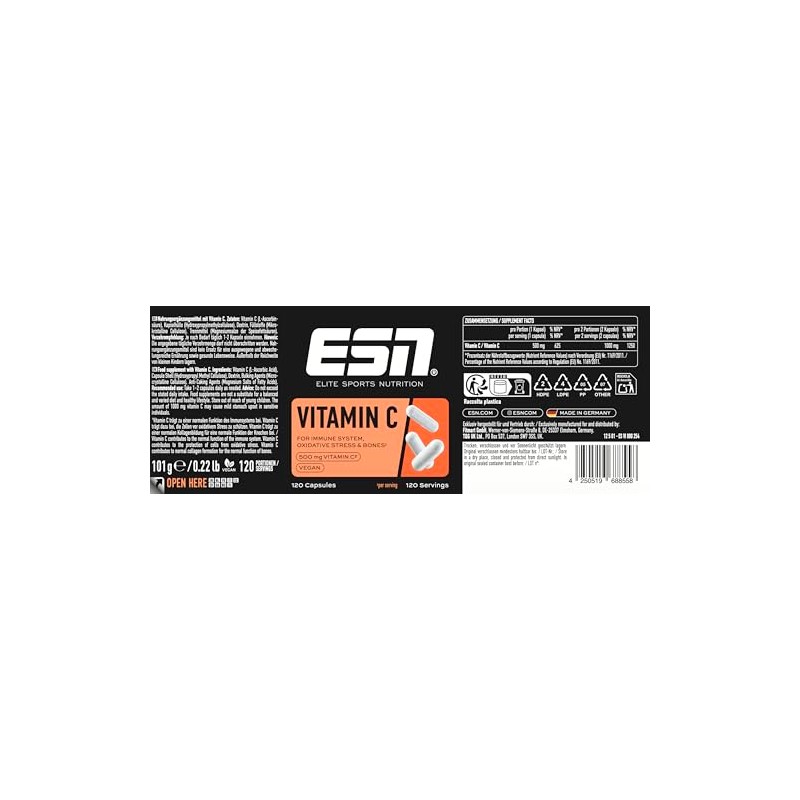 ESN Vitamin C, 120 Capsules, 500 mg Vitamin C per