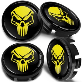 SkinoEu 4 x 65mm Wheel Centre Alloy Hub Center Caps Compatible with VW 3B7 601 171 / 6U7 601 171 Hubcaps Skull Black Yellow CV 37
