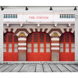 CORFOTO 5x3ft Fabric Modern Fire Station Backdrop Historical Red Building Firehouse Entrance Photography Background for Kids Firetruck Birthday Party Decorations Firefighter Photobooth Props