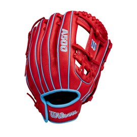 Wilson Infield A500 - Guanto da baseball per ragazzi, 29,2 cm, mano destra, rosso/blu/bianco