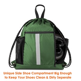 Drawstring Backpack Sports Gym Bag With Shoe Compartment and Two Water Bottle Holder (Green, 16" x 19.5")