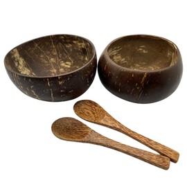 VIE Gourmet Coconut Bowls and Spoons, Set of 2, Black, (Coco-SPN-Set-2)