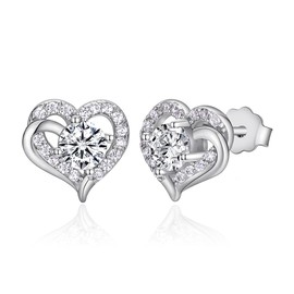 CRYSLOVE Heart Stud Earrings for Women 925 Sterling Silver White Gold with Cubic Zirconia Love Stud Jewelry Gift for Birthday Christmas Valentine's Day Mother's Day