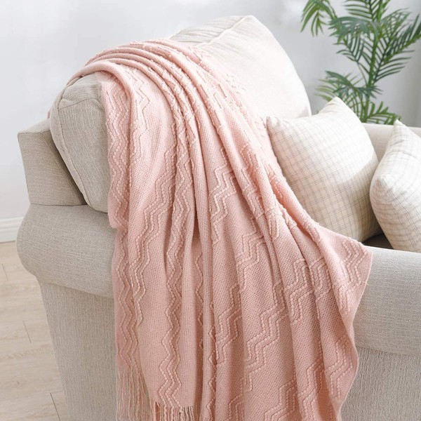 BOURINA Throw Blanket Textured Solid Soft Sofa Throw Couch Cover Knitted Decorative Blanket, 50" x 60" Pink